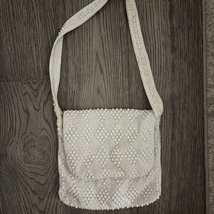 White Beaded Shoulder Bag Boho Bridal Pearl Mini Purse